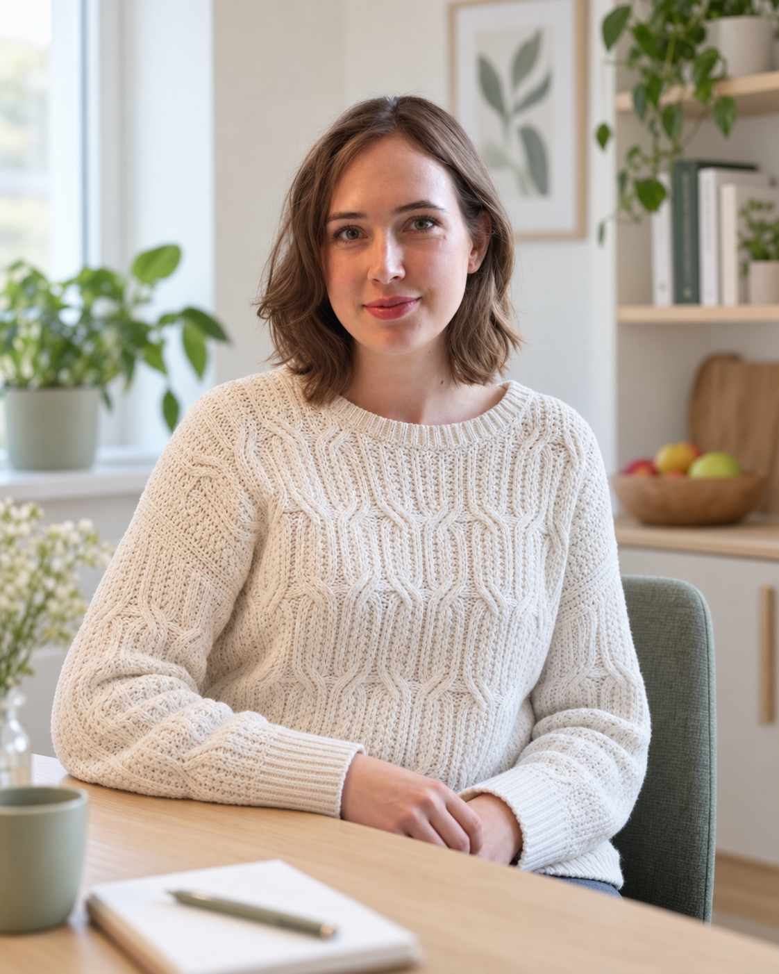 Julie Spanggaard Zielke sidder ved et bord i et lyst rum med grønne planter